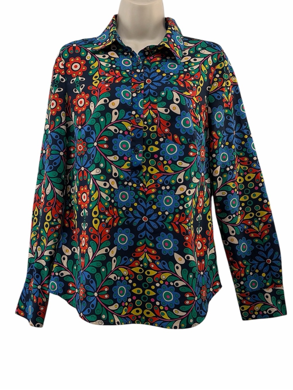 Merona Womens Navy Blue Peacock Groovy Floral Long Sleeve Shirt Blouse Size S